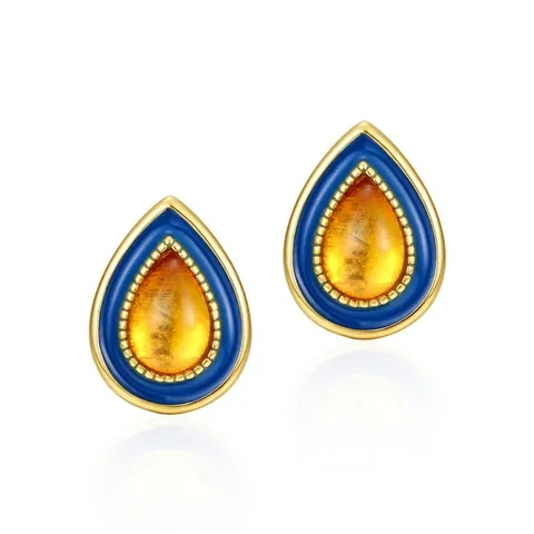 Orecchini a Lobo in Argento Sterling 925 Placcato Oro a Goccia Con Smalto Blu e Intarsio Ambra per Donna Gioielli Vintage