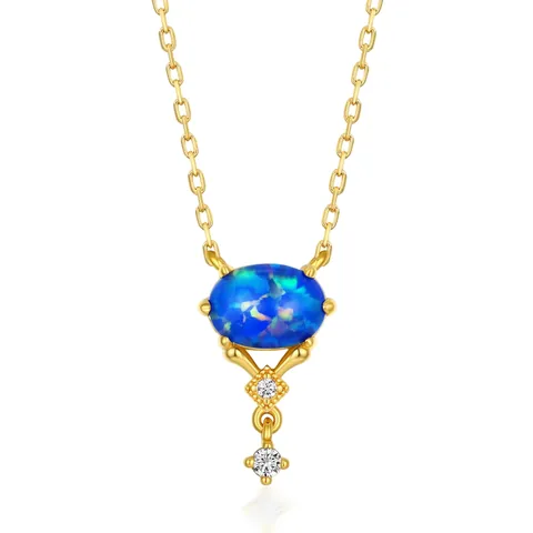 Collar de Plata de Ley 925 Vintage con Ópalo Artificial para Mujer Colgante de Circonia Chapado en Oro Joyería Regalo