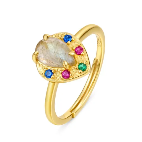 925 Sterling Silver Natural Labradorite Zirconia Adjustable Ring For Women Gold Plated Colorful Gemstone Jewelry Ring