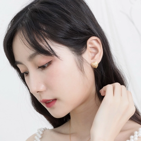 Vintage 925 Sterling Silver Heart Stud Earrings Gold Plated Quilted Texture Geometric Fashion Jewelry For Women Valentine's Gift