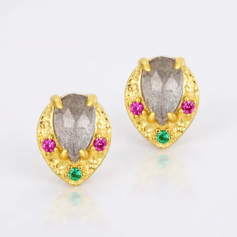 Retro 925 Sterlingsilber Labradorit Ohrstecker Für Damen Vergoldete Gehämmerte Blatt Zirkonia Edler Schmuck Elegantes Accessoire