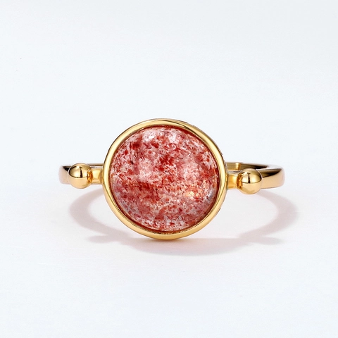 925 Sterling Silver Natural Strawberry Quartz Ring For Women Mori Style Moss Agate Gold Plated Open Adjustable Ring