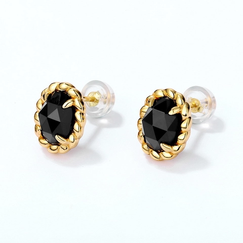 Vintage 925 Sterling Silver Oval Black Agate Stud Earrings For Women Gold Plated Geometric Moss Agate Earrings Jewelry Gift