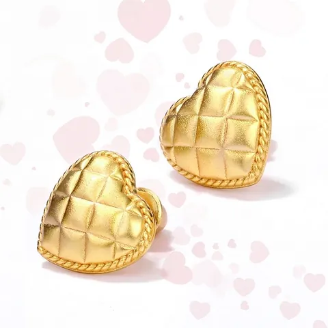 Vintage 925 Sterling Silver Heart Stud Earrings Gold Plated Quilted Texture Geometric Fashion Jewelry For Women Valentine's Gift