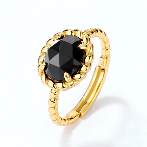 Vintage 925 Sterling Silver Open Ring For Women Natural Black Onyx Moss Agate Twist Geometric Adjustable Luxury Jewelry Finger Ring
