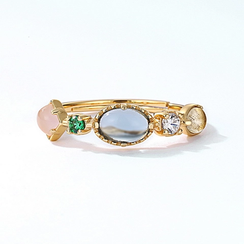 S925 Sterling Silver Gold Plated Adjustable Ring Rainbow Natural Labradorite Colorful Zirconia Inlaid Jewelry For Women