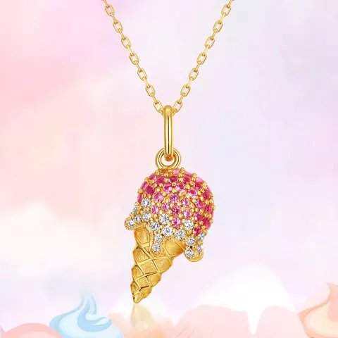 925 Sterling Silver Ice Cream Cone Pendant Necklace Red Pink White Zirconia Inlaid Gold Plated Jewelry For Women Vacation Accessory