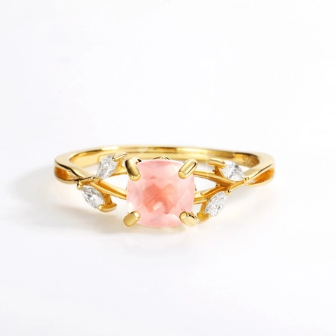 925 Sterling Silver Natural Pink Quartz Ring Adjustable Leaf Design Zirconia Jewelry For Women Gold Plated Elegant Accessories