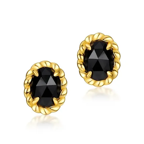 Vintage 925 Sterling Silver Oval Black Agate Stud Earrings For Women Gold Plated Geometric Moss Agate Earrings Jewelry Gift