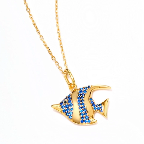925 Sterling Silver Tropical Fish Pendant Necklace Gold Plated Blue Zirconia Ocean Theme Angelfish Jewelry Gift For Women