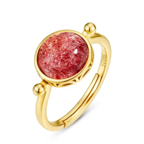 925 Sterling Silver Natural Strawberry Quartz Ring For Women Mori Style Moss Agate Gold Plated Open Adjustable Ring