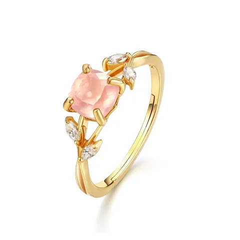 925 Sterling Silver Natural Pink Quartz Ring Adjustable Leaf Design Zirconia Jewelry For Women Gold Plated Elegant Accessories