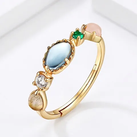S925 Sterling Silver Gold Plated Adjustable Ring Rainbow Natural Labradorite Colorful Zirconia Inlaid Jewelry For Women