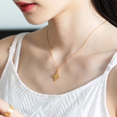 Vintage 925 Sterling Silver Rhombus Pendant Necklace For Women 9K Gold Plated Classical Leaf Engraved Geometric Jewelry Gift