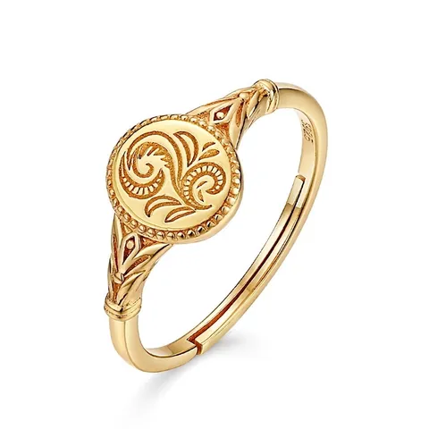 Anillo Abierto Ajustable de Plata de Ley 925 Chapado en Oro Con Patrón de Hoja para Mujer Joyería Vintage con Relieve Floral