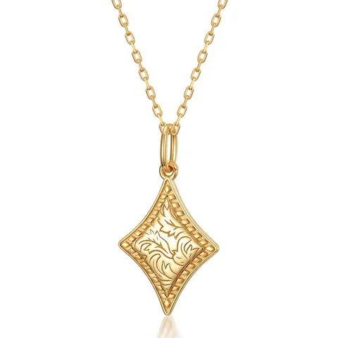 Vintage 925 Sterling Silver Rhombus Pendant Necklace For Women 9K Gold Plated Classical Leaf Engraved Geometric Jewelry Gift