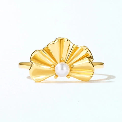925 Sterlingsilber Ginkgoblatt Verstellbarer Ring Goldbeschichtet Schmuck Mit Künstlicher Perle Romantischer Blumenring Für Damen