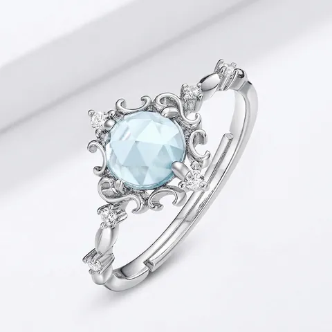 Vintage S925 Silver Flower Crown Ring For Women Natural Sky Blue Topaz Adjustable Open Ring Luxury Jewelry Gift