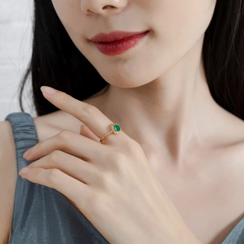 Anillo Ajustable de Plata de Ley S925 Vintage para Mujer Bañado en Oro 9K Ágata Verde Natural Rombo Geométrico