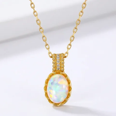 Vintage 925 Sterling Silver Gold Plated Opal Pendant Necklace For Women Elegant Oval Zirconia Inlaid Fashion Jewelry Gift
