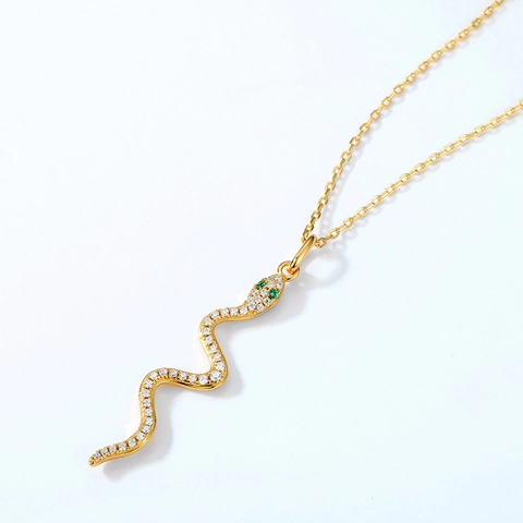 Luxury 925 Sterling Silver Snake Pendant Necklace Gold Plated White Green Zirconia Inlaid Python Animal Jewelry For Women