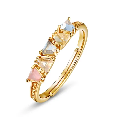 S925 Sterlingsilber 9K Vergoldet Regenbogen Synthetischer Rosenquarz Offener Ring Für Damen Verstellbarer Dreieckiger Edelstein Schmuck