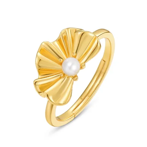 925 Sterlingsilber Ginkgoblatt Verstellbarer Ring Goldbeschichtet Schmuck Mit Künstlicher Perle Romantischer Blumenring Für Damen