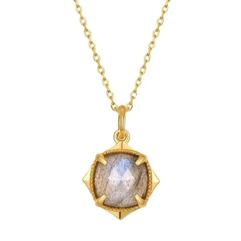 925 Sterling Silver Labradorite Geometric Rhombus Pendant Necklace For Women 9K Gold Plated Minimalist Elegant Fine Jewelry Gift