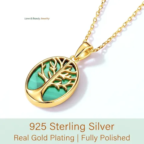 925 Sterling Silver Life Tree Malachite Pendant Necklace For Women Gold Plated Oval Geometric Tree Of Life Jewelry Gift