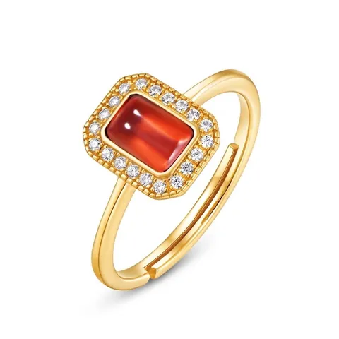 925 Sterling Silver Vintage Rectangular Garnet Open Ring Light Luxury Zirconia Inlaid Adjustable Finger Ring For Women