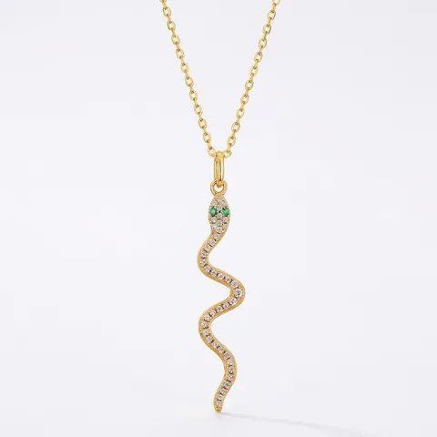 Luxury 925 Sterling Silver Snake Pendant Necklace Gold Plated White Green Zirconia Inlaid Python Animal Jewelry For Women