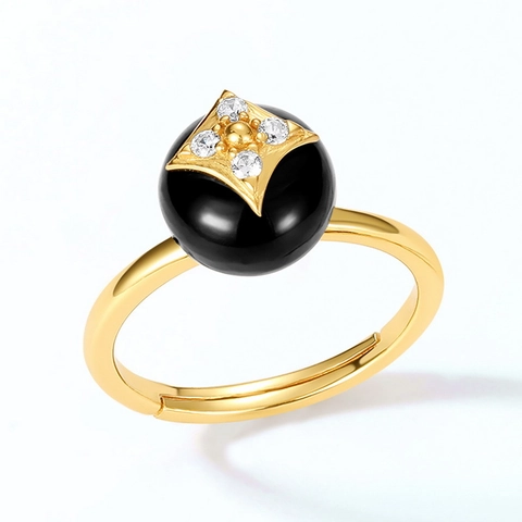 Vintage 925 Sterling Silver Black Onyx Four-leaf Clover Open Ring For Women 9K Gold Plated Zirconia Star Flower Finger Ring Jewelry