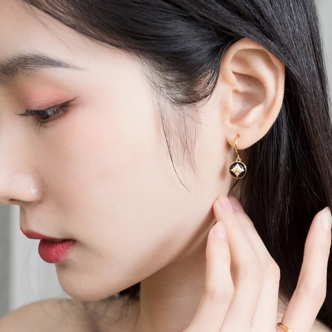 925 Sterling Silver Black Onyx Star Drop Earrings Gold Plated Geometric Zirconia Inlaid Jewelry For Women Elegant Gift