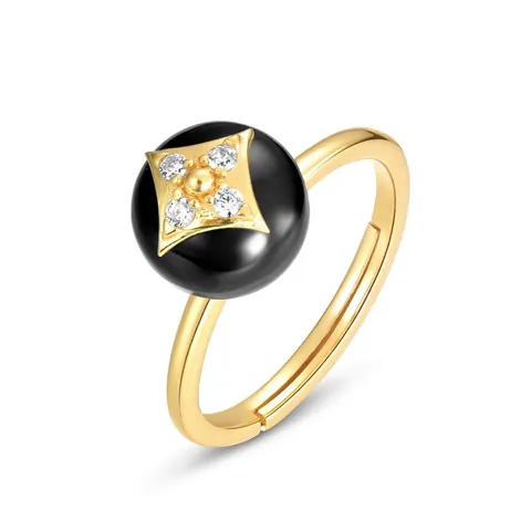 Vintage 925 Sterling Silver Black Onyx Four-leaf Clover Open Ring For Women 9K Gold Plated Zirconia Star Flower Finger Ring Jewelry