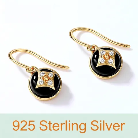 925 Sterling Silver Black Onyx Star Drop Earrings Gold Plated Geometric Zirconia Inlaid Jewelry For Women Elegant Gift
