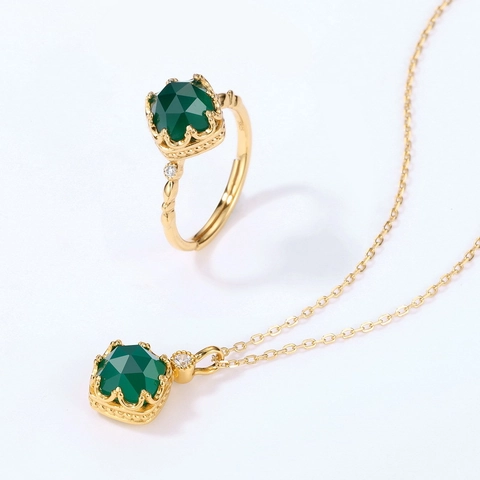 Vintage 925 Sterling Silver Green Agate Square Pendant Necklace For Women Retro Beaded Edge Crown Gold Plated Jewelry