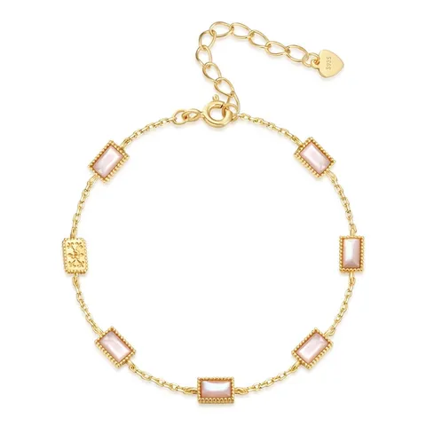 Bracciale in Argento Sterling 925 con Conchiglia Rosa per Donna Placcato in Oro Catena a Maglie Rettangolari Geometriche Gioielli Vintage