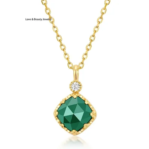 Vintage 925 Sterling Silver Green Agate Square Pendant Necklace For Women Retro Beaded Edge Crown Gold Plated Jewelry