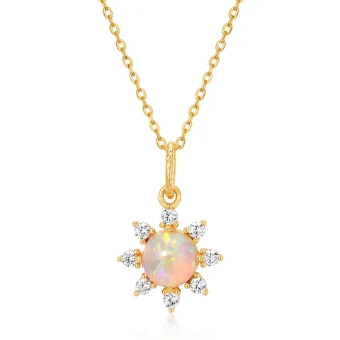 925 Sterling Silver Synthetic Opal Sun Pendant Necklace Gold Plated Zirconia Geometric Neck Jewelry For Women Fashion Gift