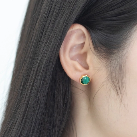 Vintage 925 Sterling Silver Octagon Geometric Stud Earrings For Women Malachite Moss Agate Natural Stone Inlaid Light Luxury Commuting Jewelry Gift