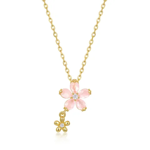 925 Sterling Silver Pink Flower Pendant Necklace For Women Plated Gold Synthetic Pink Crystal Clavicle Chain Jewelry Gift