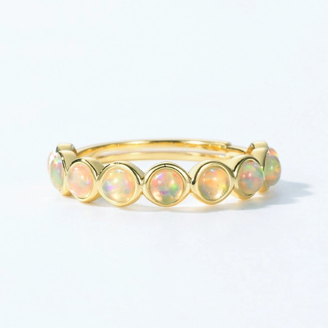 Anillo Abierto de Plata de Ley 925 con Ópalo Sintético Incrustado en Fila para Mujer Chapado en Oro Joyería Minimalista Ajustable