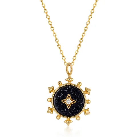 925 Sterling Silver Blue Goldstone Compass Pendant Necklace 10K Gold Plated Vintage Star Celestial Zirconia Jewelry For Women