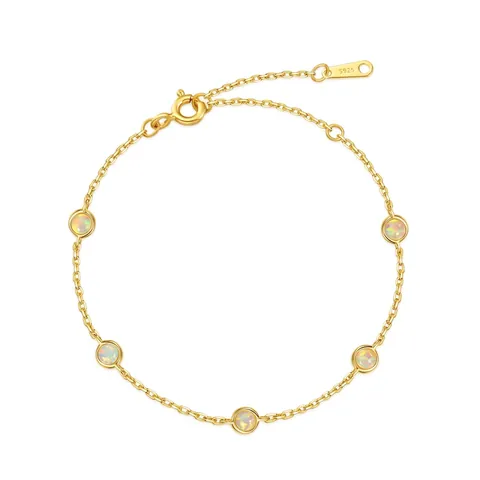 Luxus 925 Sterlingsilber Vergoldet Rund Synthetischer Opal Armband Für Damen Geometrische Kettenglieder Eleganter Schmuck