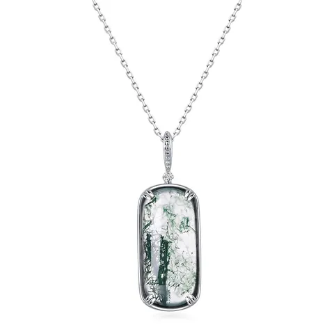 925 Sterling Silver Geometric Pendant Necklace Natural Moss Agate Rose Quartz Stone Minimalist Clavicle Chain Women Jewelry