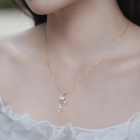 925 Sterling Zilveren Halve Maan Esdoornblad Hanger Zonder Ketting Zirconia Tweekleurig Goud Zilver Verguld Elegant Vrouwen Sieraden