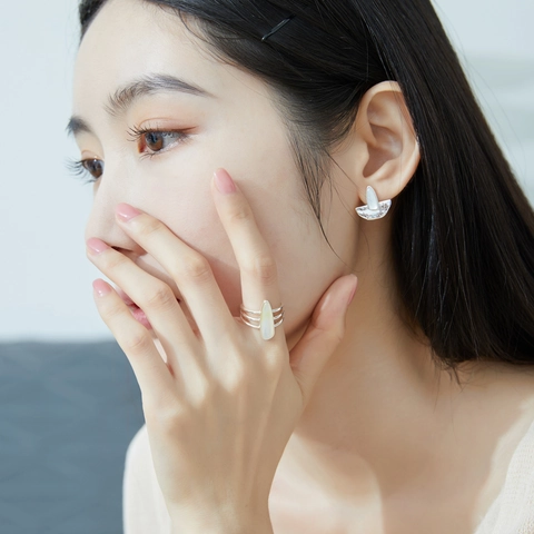 Pendientes de Botón de Plata de Ley 925 con Nácar para Mujer Martillados Geométricos Gota de Agua Joyería de Moda