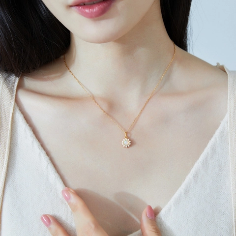 S925 Sterling Silver Sun Flower Pendant Necklace With Synthetic Opal And Zirconia Inlaid Gold Plated Jewelry For Women Daily Wear