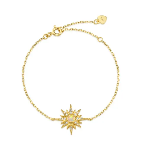 925 Sterling Silver Starburst Charm Bracelet For Women Vintage Gold Plated Artificial Opal Rhinestone Celestial Fashion Jewelry