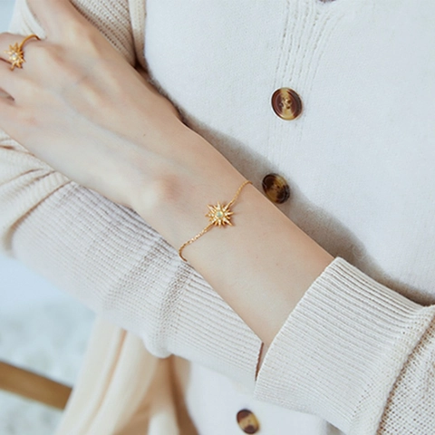 925 Sterling Silver Starburst Charm Bracelet For Women Vintage Gold Plated Artificial Opal Rhinestone Celestial Fashion Jewelry